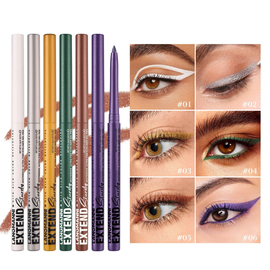 Set of 12 colourful gel glitter eyeliner pencils in various shades and finishes for waterproof party and cosplay makeup