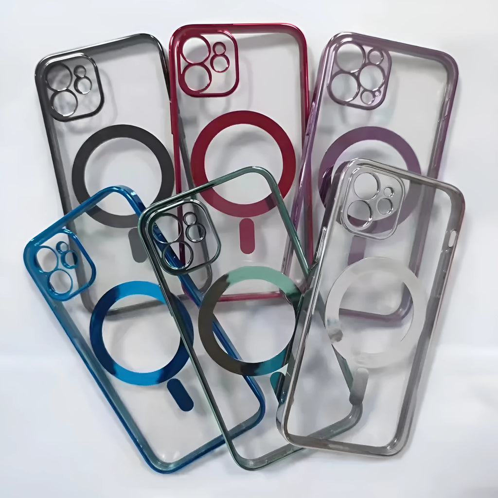 Electroplated magnetic suction mobile phone case for iPhone in silver, blue, black, gold and purple colours.