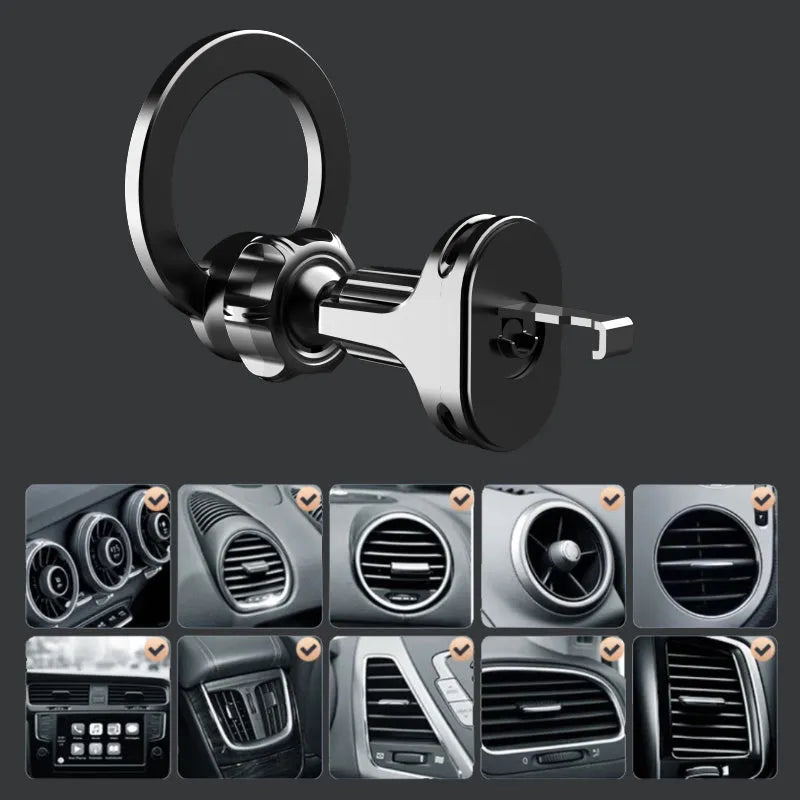Black magnetic car air vent phone holder with O-ring bracket for mobile phones up to 6.8 inches