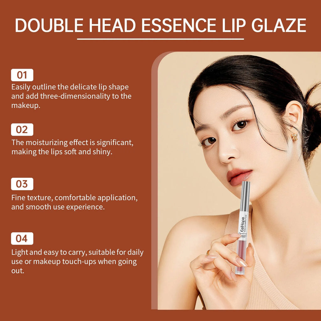 Double-headed lip liner and lip lacquer pen makeup tool showing colour options.