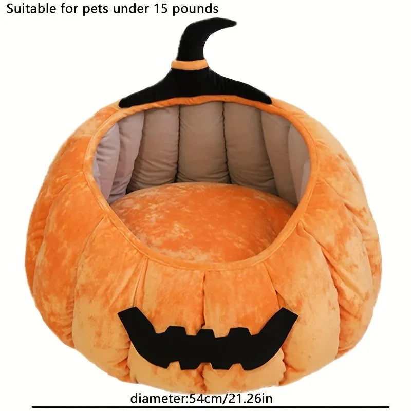 Halloween themed cat bed with cartoon pumpkin and devil design in soft plush fabric