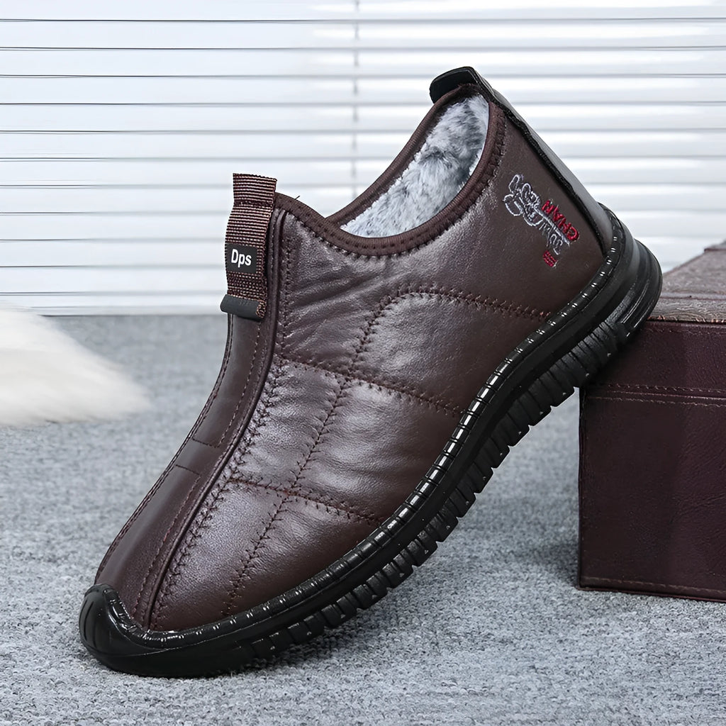 Men's brown casual winter cotton boots with a round toe and lace-up front on a white background.