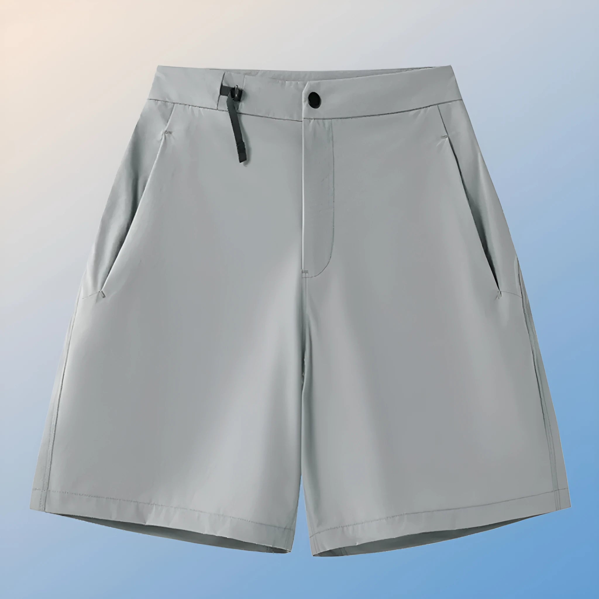 Men's quick-drying sports shorts in khaki colour with a four-sided elastic waistband, shown flat.