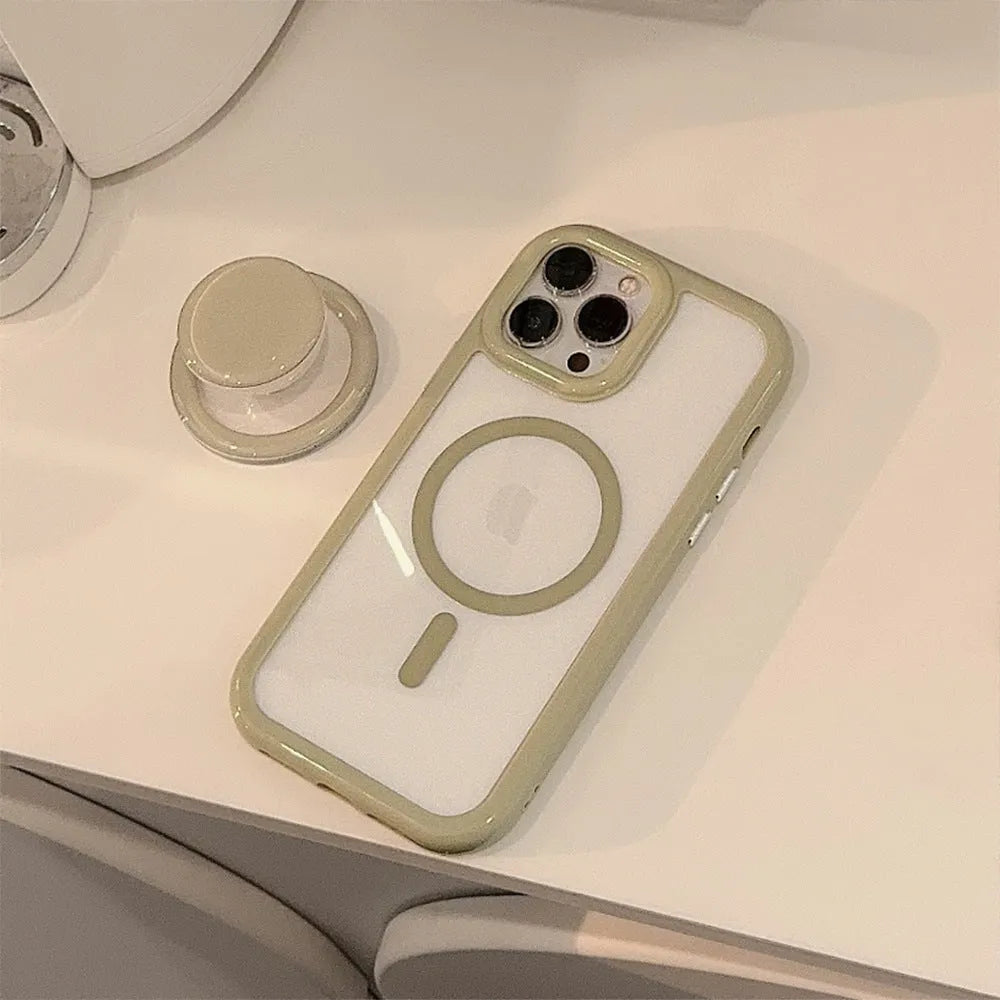 Solid colour magnetic bracket phone case for iPhone with acrylic back and magnetic edge in pink