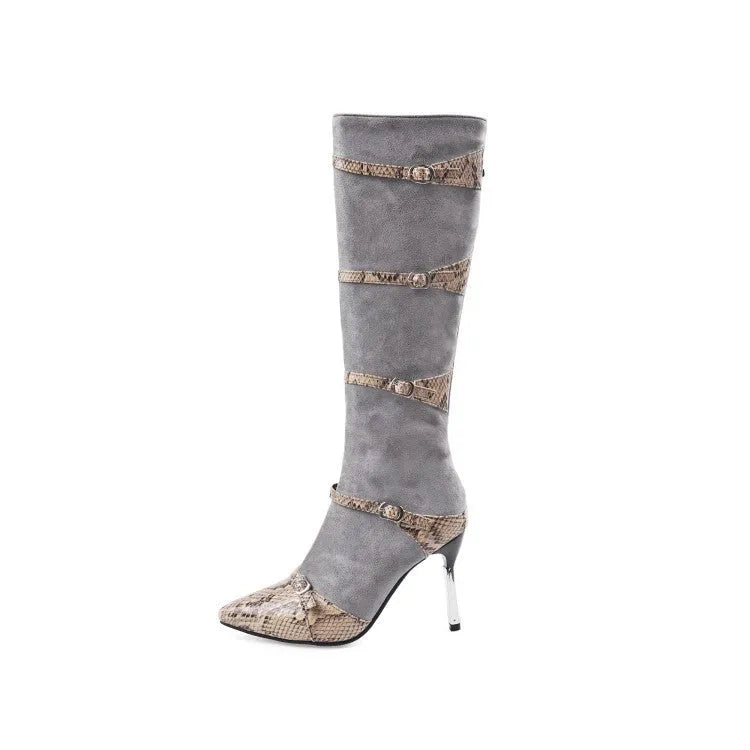 Grey and black women's knee high boots with a thin 9cm high heel on a rubber sole.