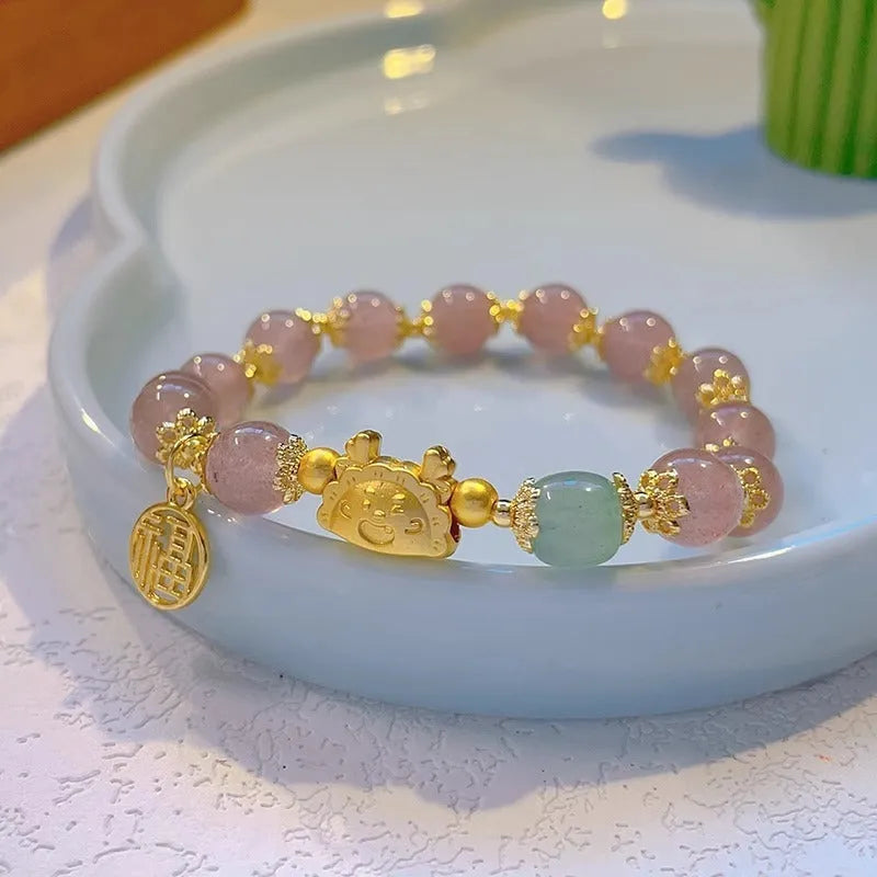 Women's floral glazed bracelet with zodiac animal charm in red, pink or white bead colours