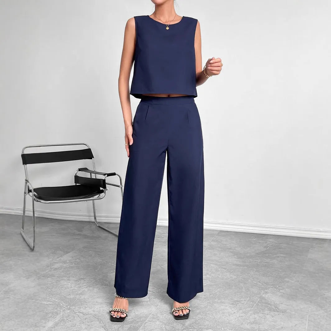 Red sleeveless top and wide leg trousers two-piece set on Asian model