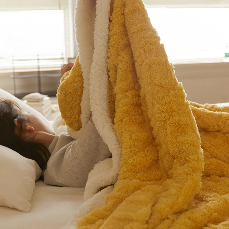 Double bed winter thermal flannel blanket in beige colour showing thickened texture and modern simplicity design