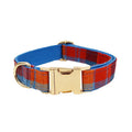 Blue velvet plaid dog collar and leash set with matching bandana accessory on adjustable cloth collar