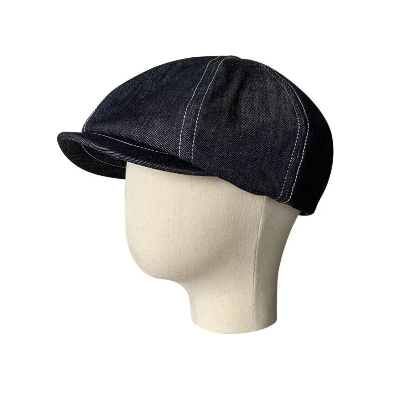 Black cotton beret with Japanese denim fabric texture shown in adult unisex sizing
