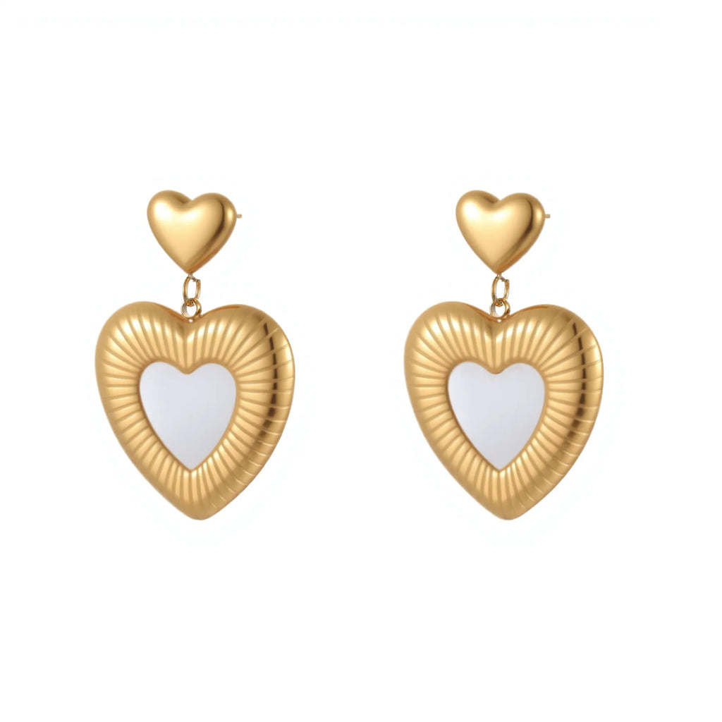 White heart-shaped fritillary earrings with 18K gold electroplated finish on stainless steel