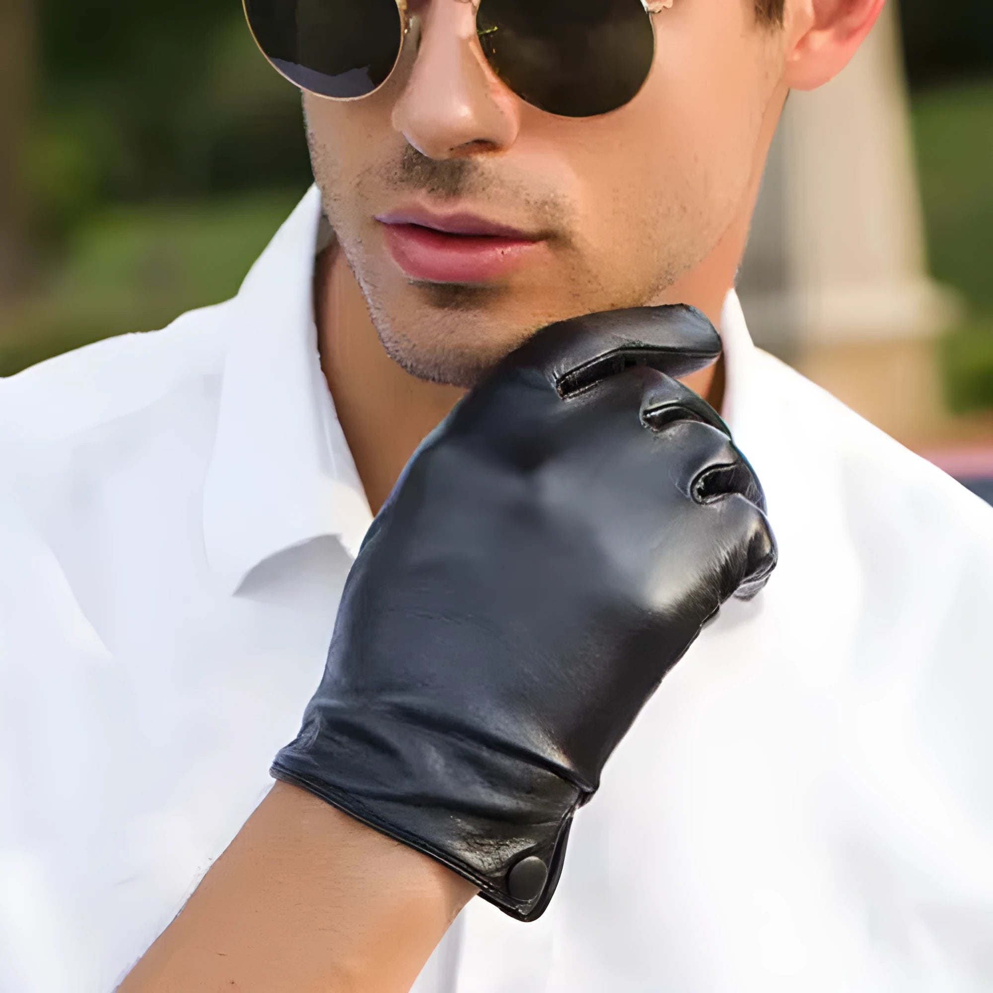 Black touch leather motorcycle driving gloves on a surface, size S to XXL available, unlined single-layer design