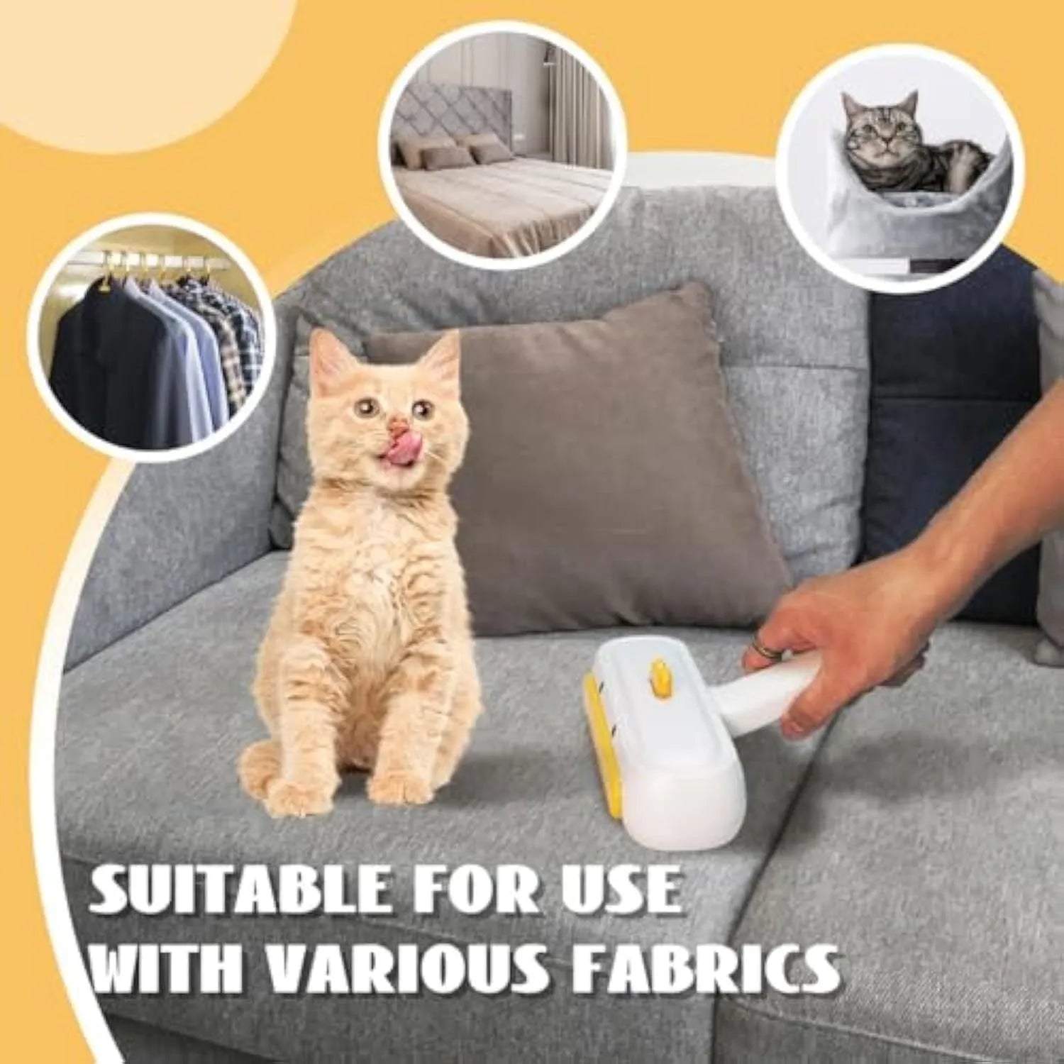 Yellow duck design portable pet hair remover tool with plastic body and bristles.
