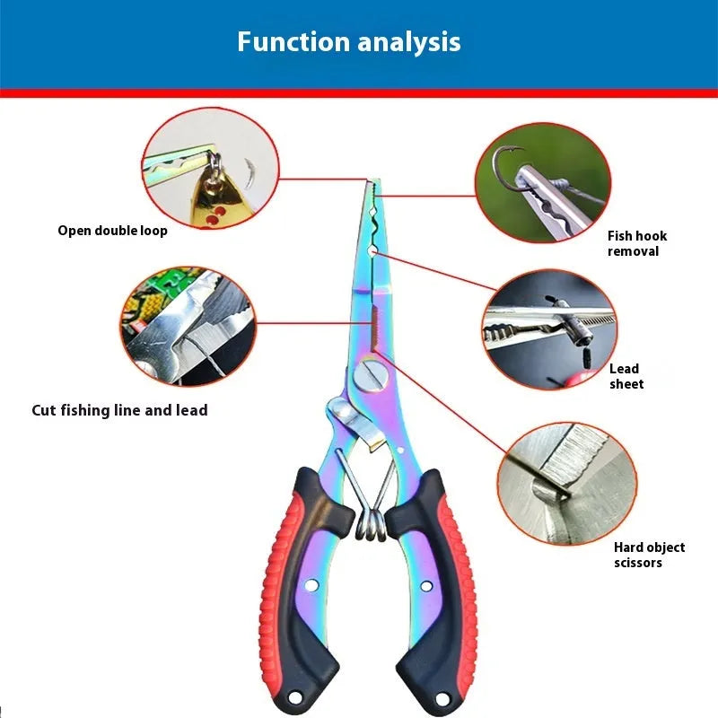 Medium straight mouth fishing pliers with integrated hook tool showing SS420 steel construction and colour-coded ABS handles