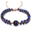 Hand-woven geometric pull bracelet with tigereye stone beads in blue or amethyst colour