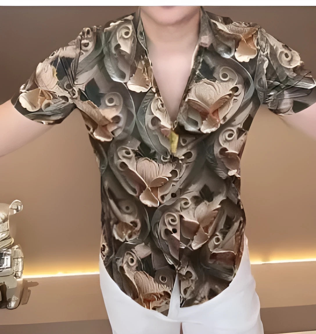 Men's printed casual button-down shirt with spread collar and chest pocket.