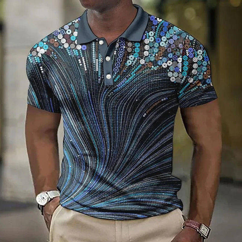 Men's geometric printed striped short sleeve button shirt with asymmetric styling
