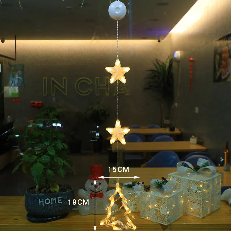 Christmas window lights with star-shaped LED pendants and suction cups for battery-operated festive decoration