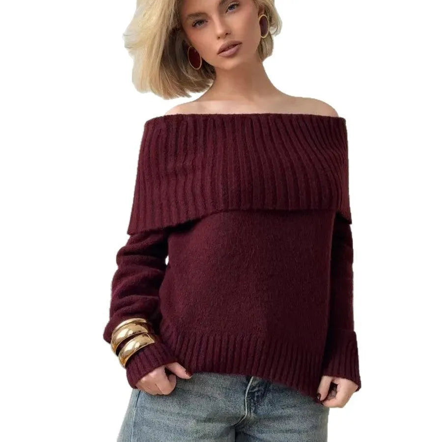 Grey off-the-shoulder women's sweater with a textured 3D rib knit pattern.