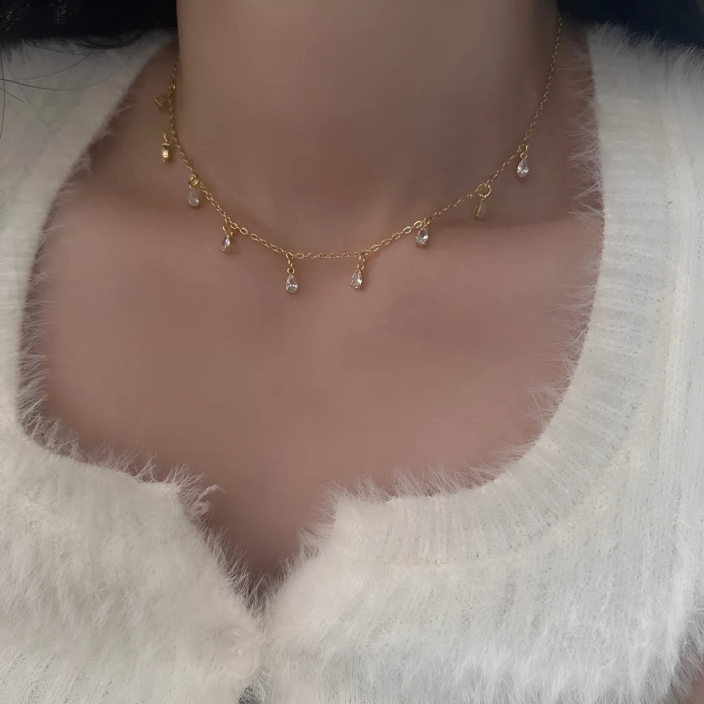 Geometric zircon jewellery set with necklace, earrings and anklet in Korean-style meteor shower design