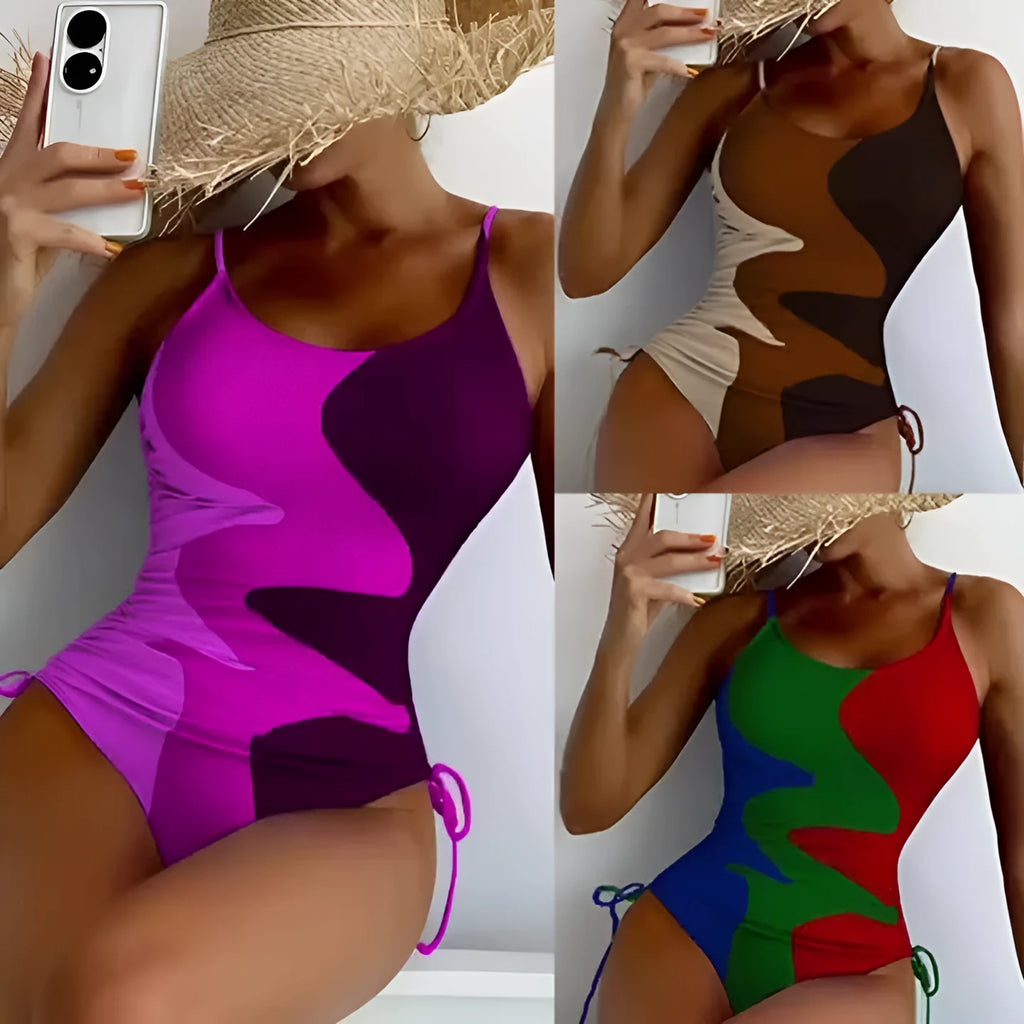 Blue women's sleeveless one-piece swimsuit with fixed swimming trunks on a mannequin