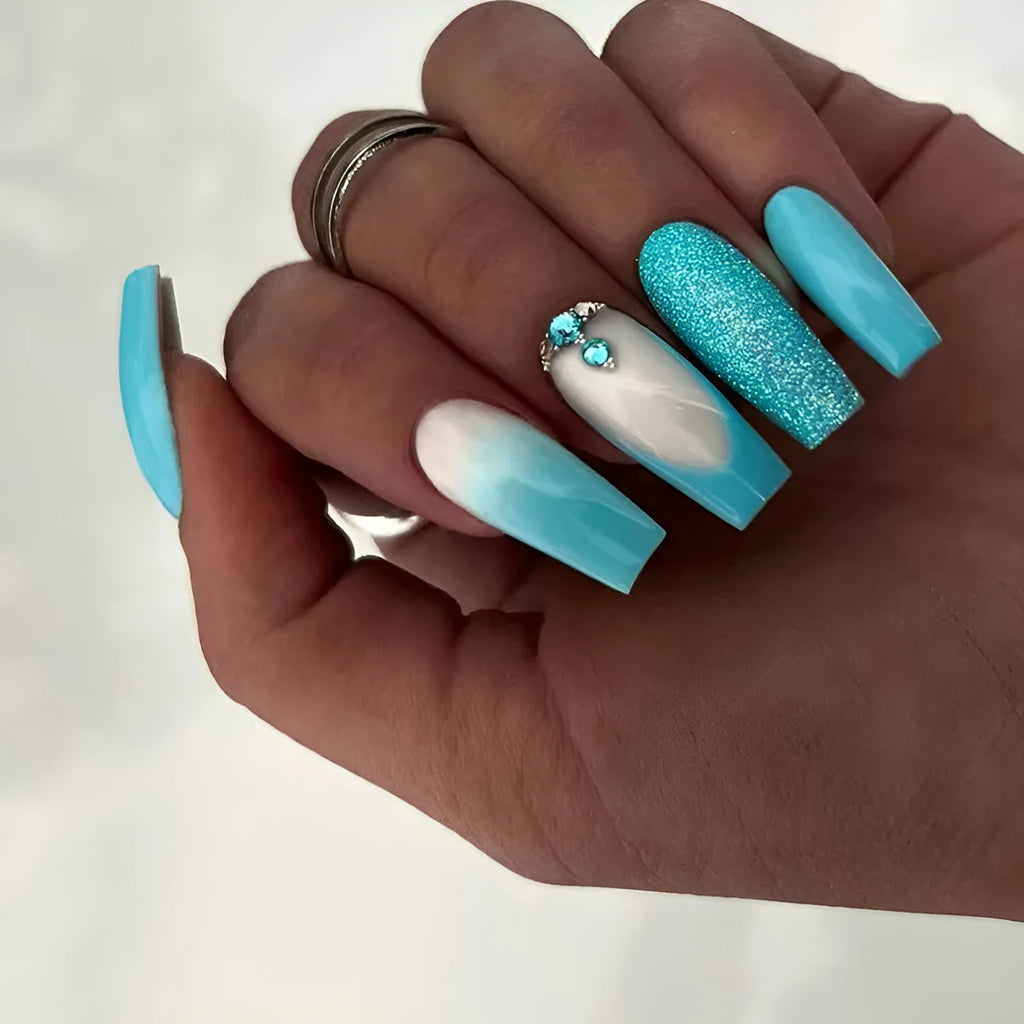Smart blue diamond colour long ballet false nails with adhesive glue