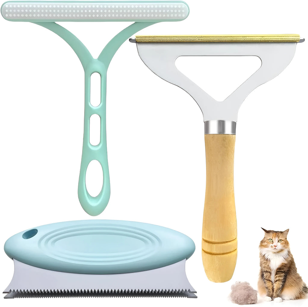 Three-piece pet hair remover set with metal scraper, silicone brush, and round cleaner