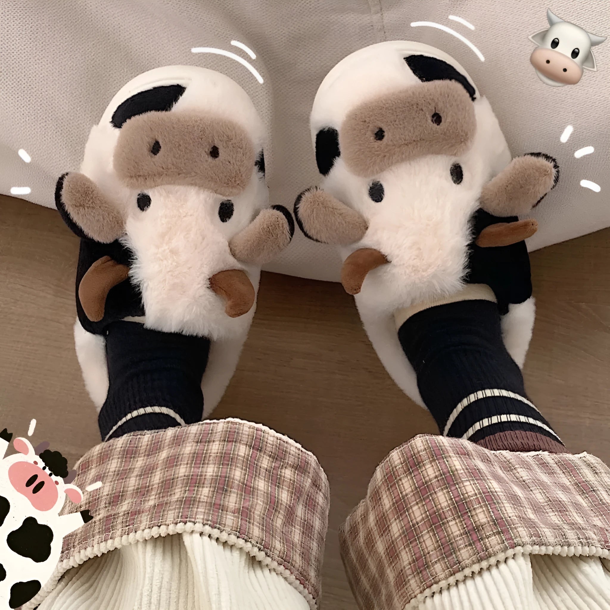 White cow animal slippers with plush faux fur and textured anti-slip soles