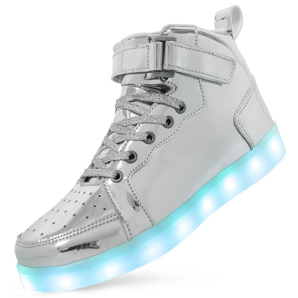 Unisex black LED high-top shoes with glowing light-up soles and Velcro strap.
