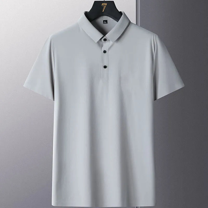 Non-ironing men's short sleeve business casual shirt in a solid colour on a hanger.
