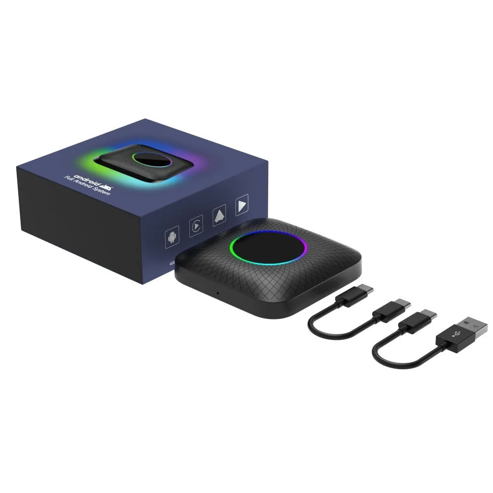 Compact universal CarPlay to Android 13 adapter box with 8GB RAM and 128GB storage