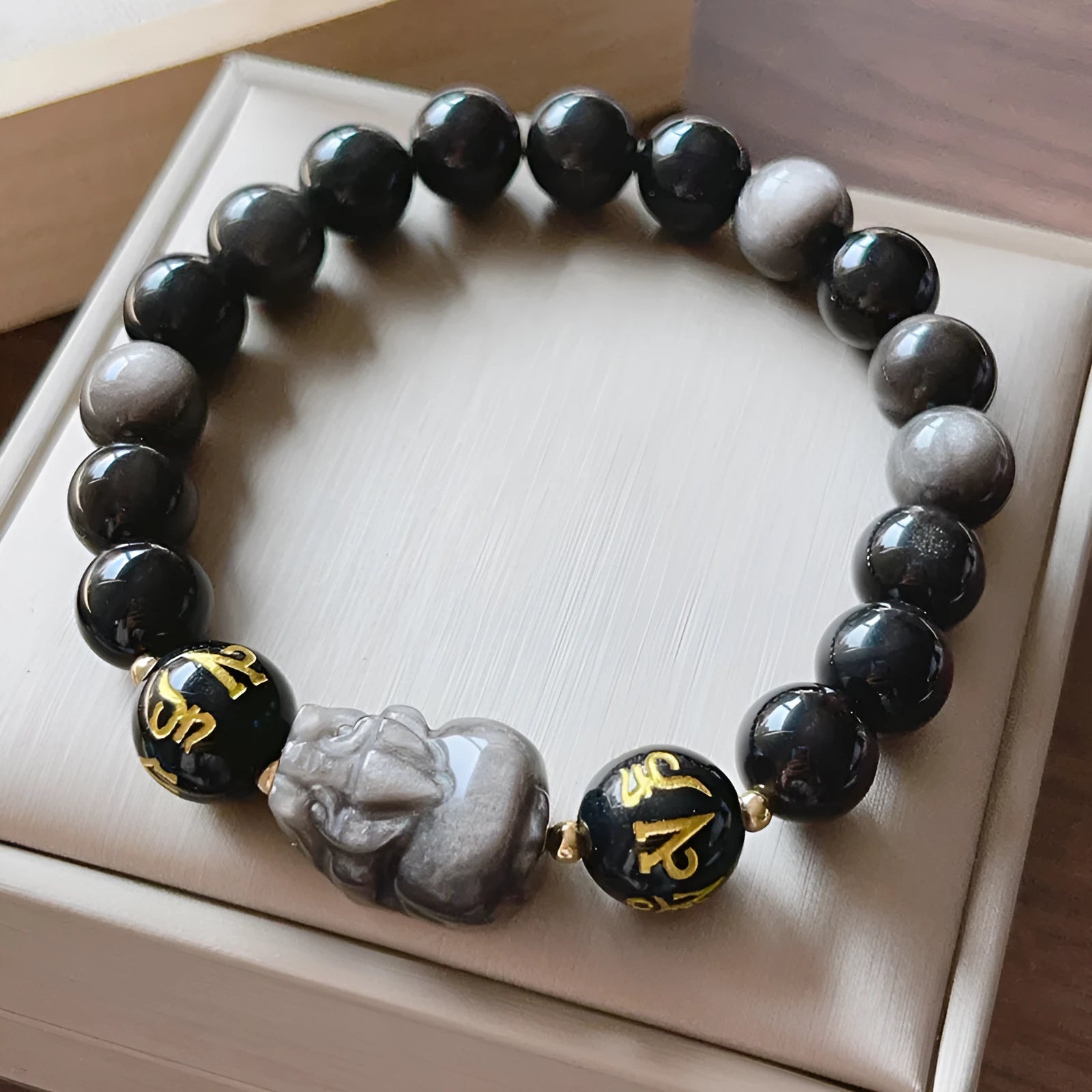 Natural silver stone men's bracelet with beaded design and Chinese style six-word proverbs