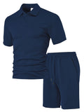 Men's casual suit set with short sleeve polo shirt and matching trousers in figured cloth polyester