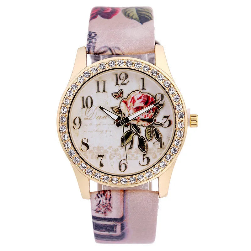 Diamond-inlaid gold case rose pattern fashion quartz watch with 38mm round dial and stainless steel buckle
