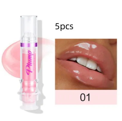 Lip gloss tube with mirror finish showing shiny application on lips