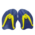 A pair of adult swimming training paddles for freestyle stroke, shown in various colours.