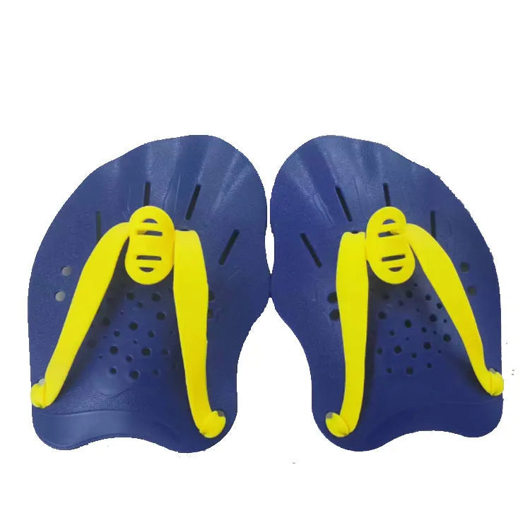 A pair of adult swimming training paddles for freestyle stroke, shown in various colours.