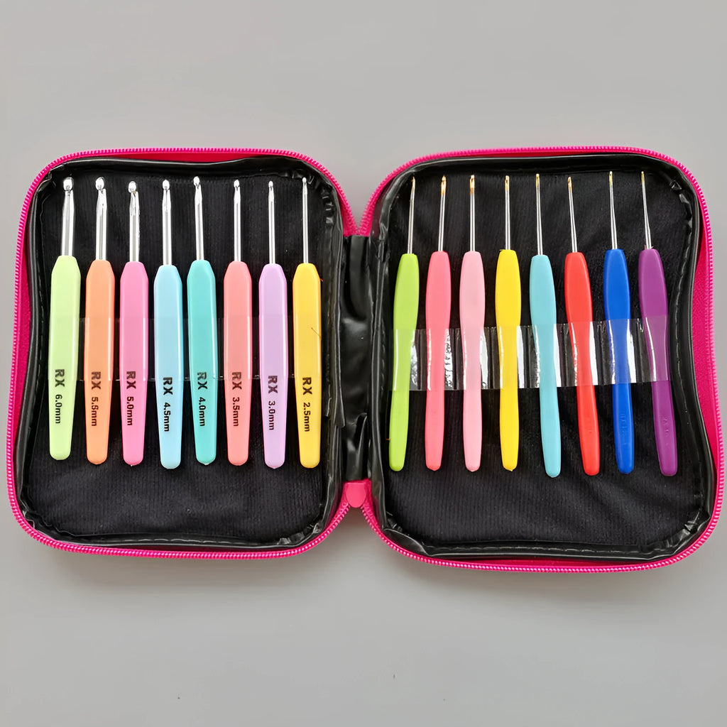 Set of 16 crochet hooks with thick and thin handles inside a black PU storage bag.