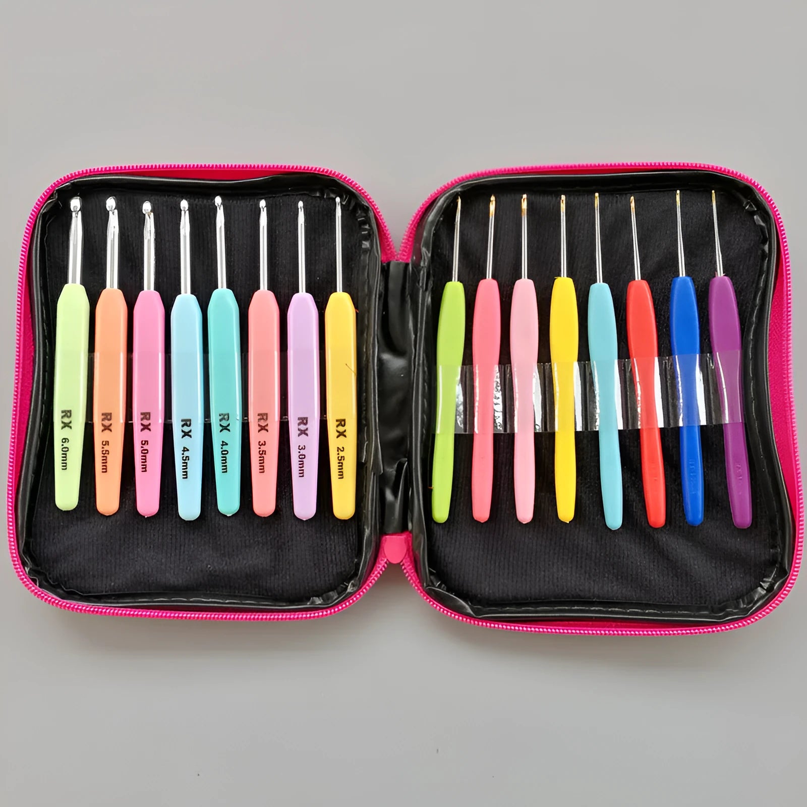 Set of 16 crochet hooks with thick and thin handles inside a black PU storage bag.