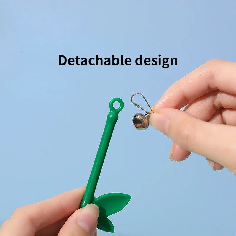Green interactive cat feather wand toy with bells and a comfortable grip handle