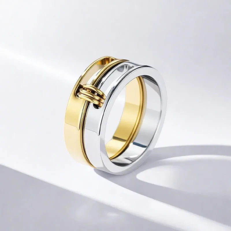 Gold electroplated double-layer twin ring on a finger, titanium steel construction, UK size options No 7 to No 9