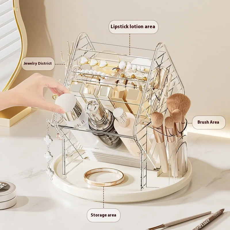 Clear and Amber Gold rotating plastic cosmetics storage box on a countertop