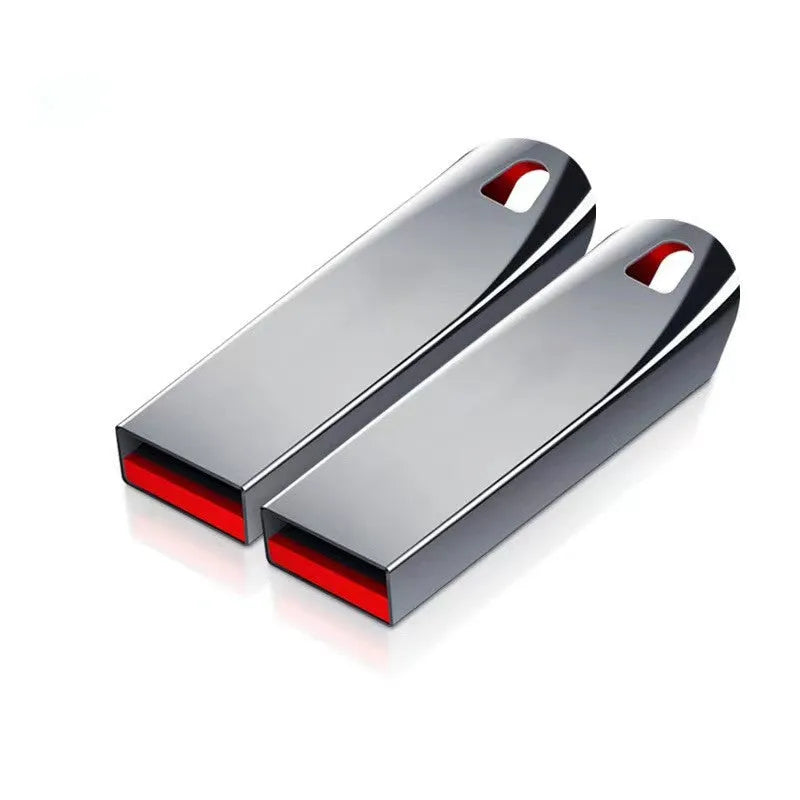 Silver metal USB disk with 2TB capacity and USB 2.0 connector.