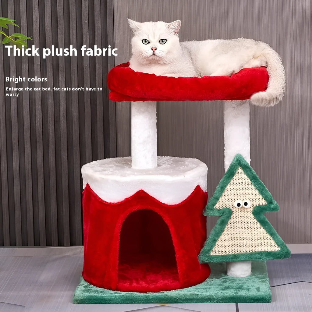 Christmas coloured cat scratching post with integrated platform, 32 cm tall with 25 cm base