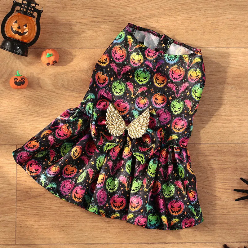 Angel wings Halloween dog costume in bright pumpkin colour, size medium on small dog