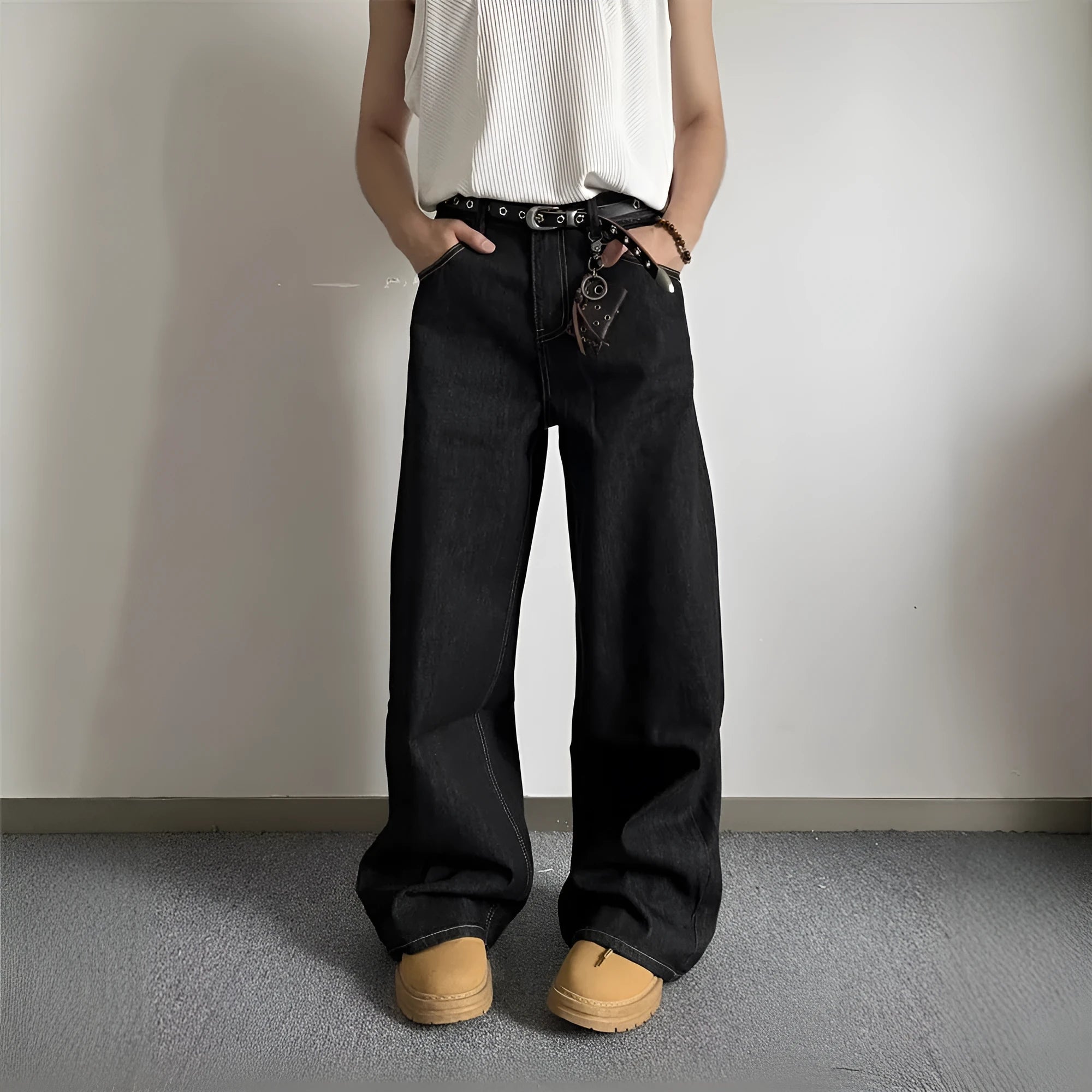 Black loose wide-leg retro jeans with straight-leg cut and zip placket fly