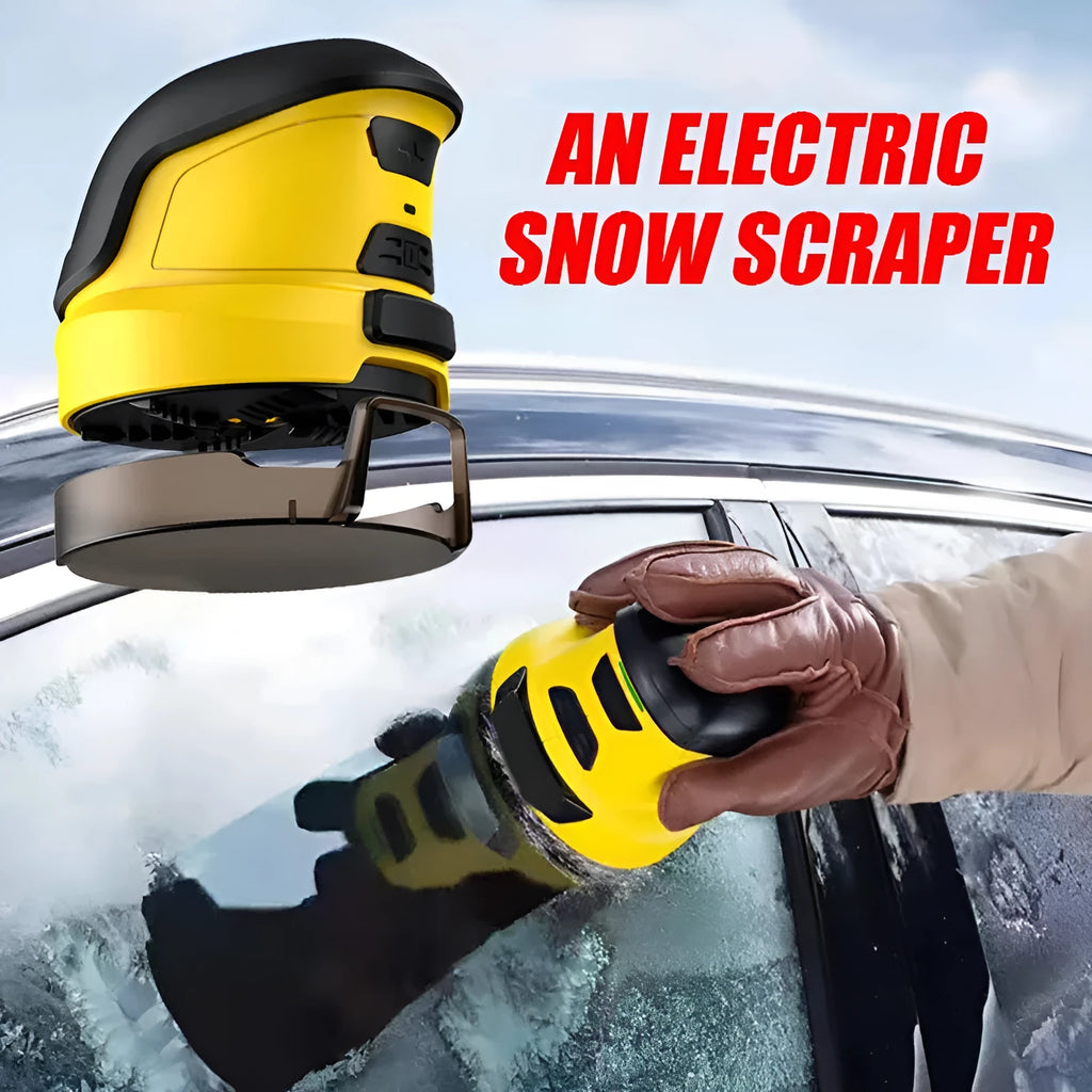 Yellow cordless electric ice scraper with funnel-shaped head next to a USB charging cable.