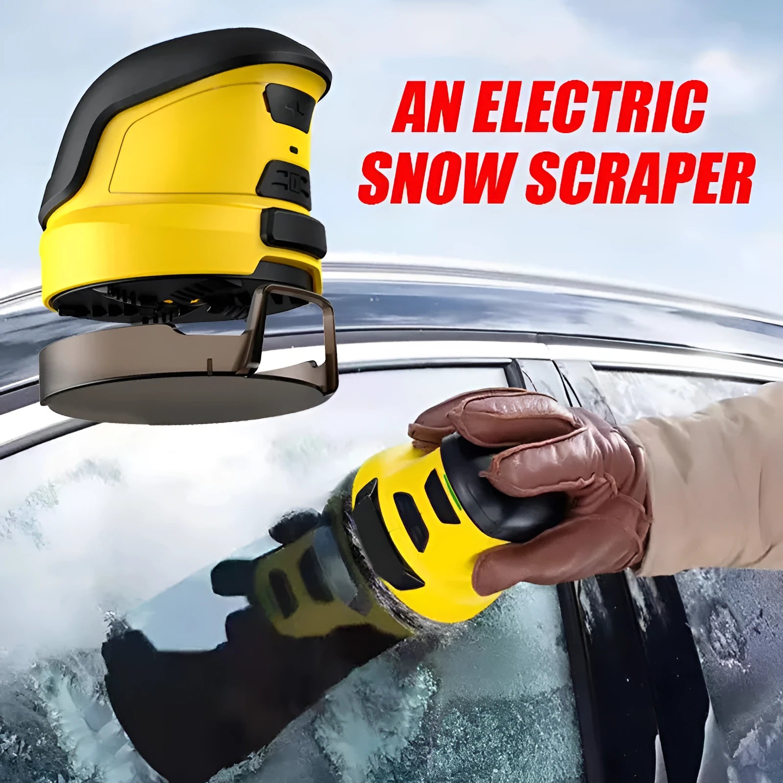Yellow cordless electric ice scraper with funnel-shaped head next to a USB charging cable.
