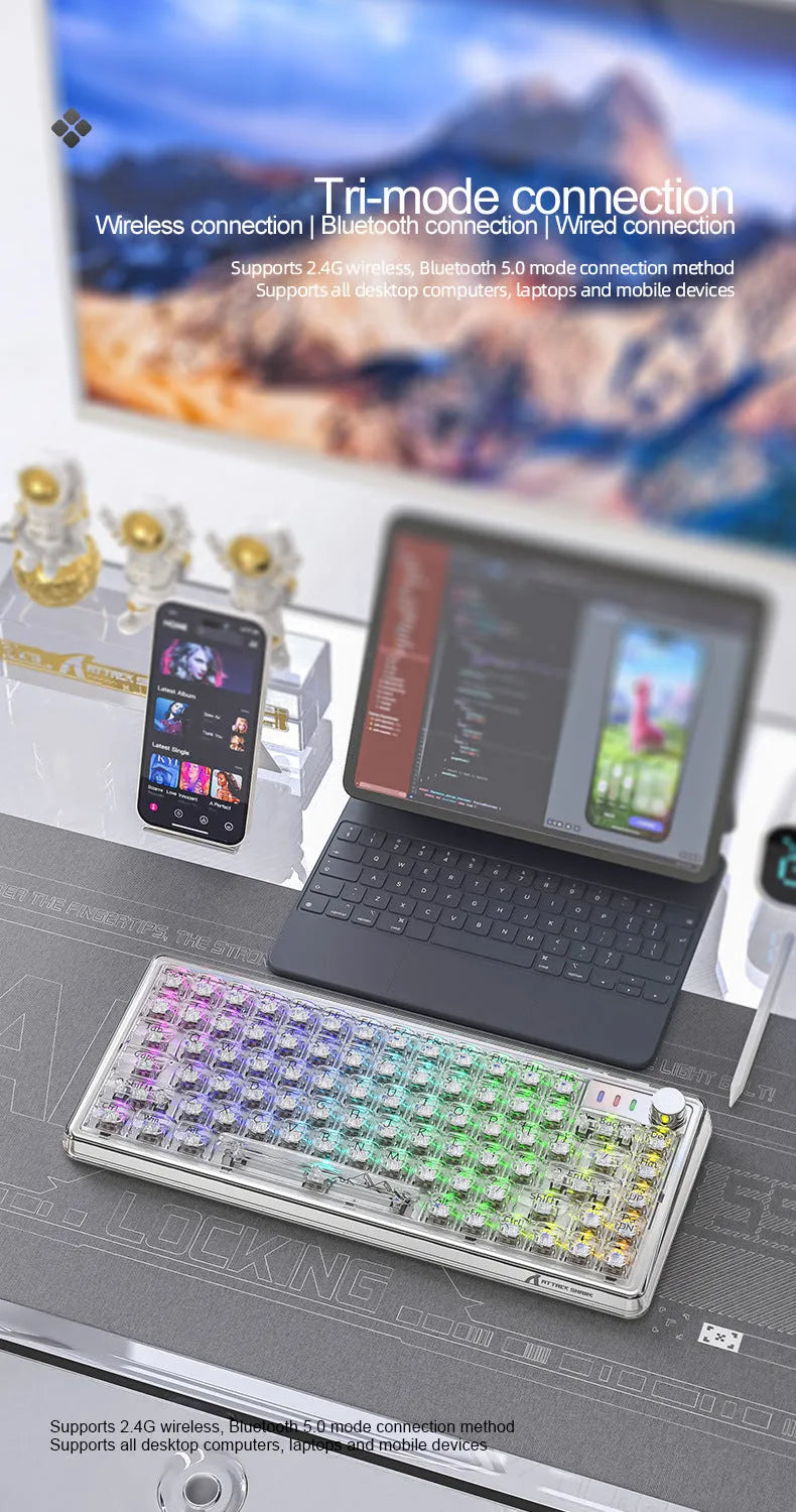 Attack Shark K75 wireless mechanical keyboard with transparent black case showing internal components and RGB lighting