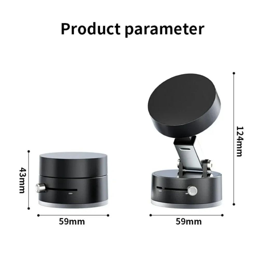 Black car phone mount with vacuum suction cup and magnetic attachment on dashboard